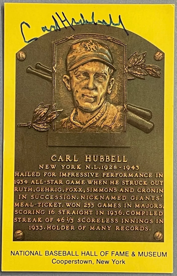 Postcard Carl Hubbell Autographed Baseball Hall of Fame Plaque: Postcard Carl Hubbell Autographed Baseball Hall of Fame Plaque This listing features Postcard Carl Hubbell Autographed Baseball Hall of Fame Plaque. Item specifics are provided below. Item