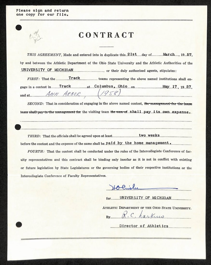 185592 Fritz Crisler CFB HOF Signed 1957 Contract University of Michigan JSA (1 of 3)