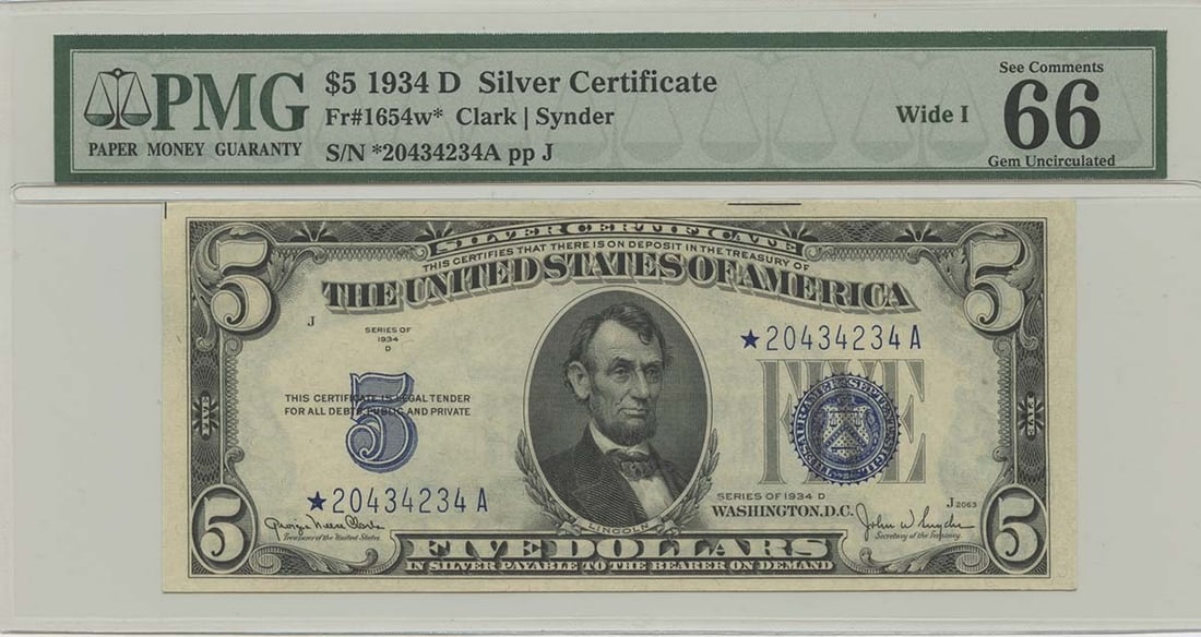Note 1934D $5 Silver Cert FR#1654w* PMG 66 Gem EPQ Wide I Star (1 of 1)
