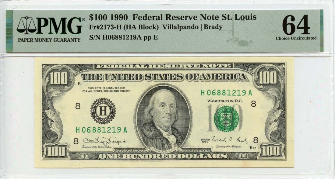 CH64 1990 $100 Federal Reserve Note St. Louis Fr# 2173-H PMG: CH64 1990 $100 Federal Reserve Note St. Louis Fr# 2173-H PMG This listing features CH64 1990 $100 Federal Reserve Note St. Louis Fr# 2173-H PMG. Item specifics are provided below. Item Specifics: