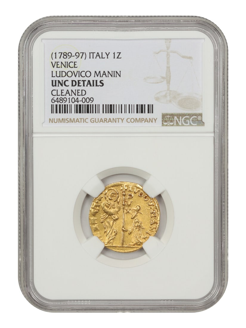 Cleaned) - Venice: (1789-97) Zecch NGC UNC Details (Ludovico Manin: Cleaned) - Venice: (1789-97) Zecch NGC UNC Details (Ludovico Manin This listing features Cleaned) - Venice: (1789-97) Zecch NGC UNC Details (Ludovico Manin. Item specifics are provided below. Item Spe