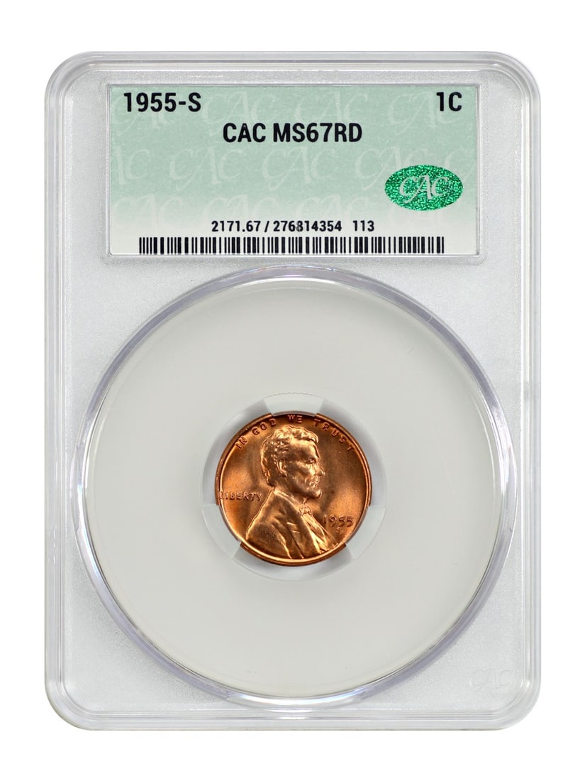 Lincoln Cent (Wheat Reverse) - 1955-S 1C CACG MS67RD (1 of 4)