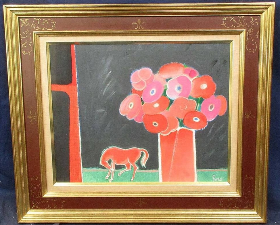 Signed Albert Zavaro "Anemones and Red Horse" Original Oil Painting on Canvas 6F (1 of 10)