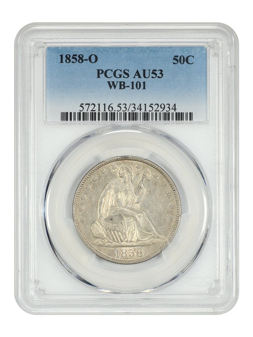 Liberty Seated Half Dollar - 1858-O 50C PCGS AU53 (WB-101): Liberty Seated Half Dollar - 1858-O 50C PCGS AU53 (WB-101) This listing features Liberty Seated Half Dollar - 1858-O 50C PCGS AU53 (WB-101). Item specifics are provided below. Item Specifics: Certific