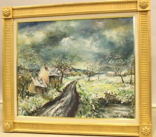 Art Constant Censier Oil Painting "Snowy Landscape at Bernay" Signed 12F French (1 of 6)