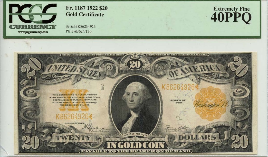 PPQ 1922 $20 Gold Certificate Fr# 1187 PCGS EF 40 (1 of 1)