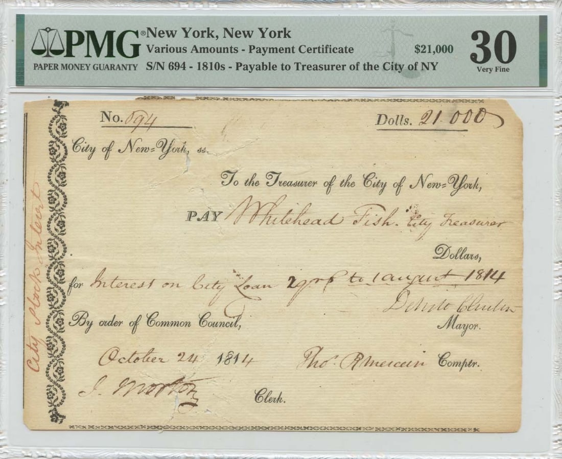 VF35 1814 $631.91 New York Payment Certificate Treasurer of NY PMG: VF35 1814 $631.91 New York Payment Certificate Treasurer of NY PMG This listing features VF35 1814 $631.91 New York Payment Certificate Treasurer of NY PMG. Item specifics are provided below. Item Spe