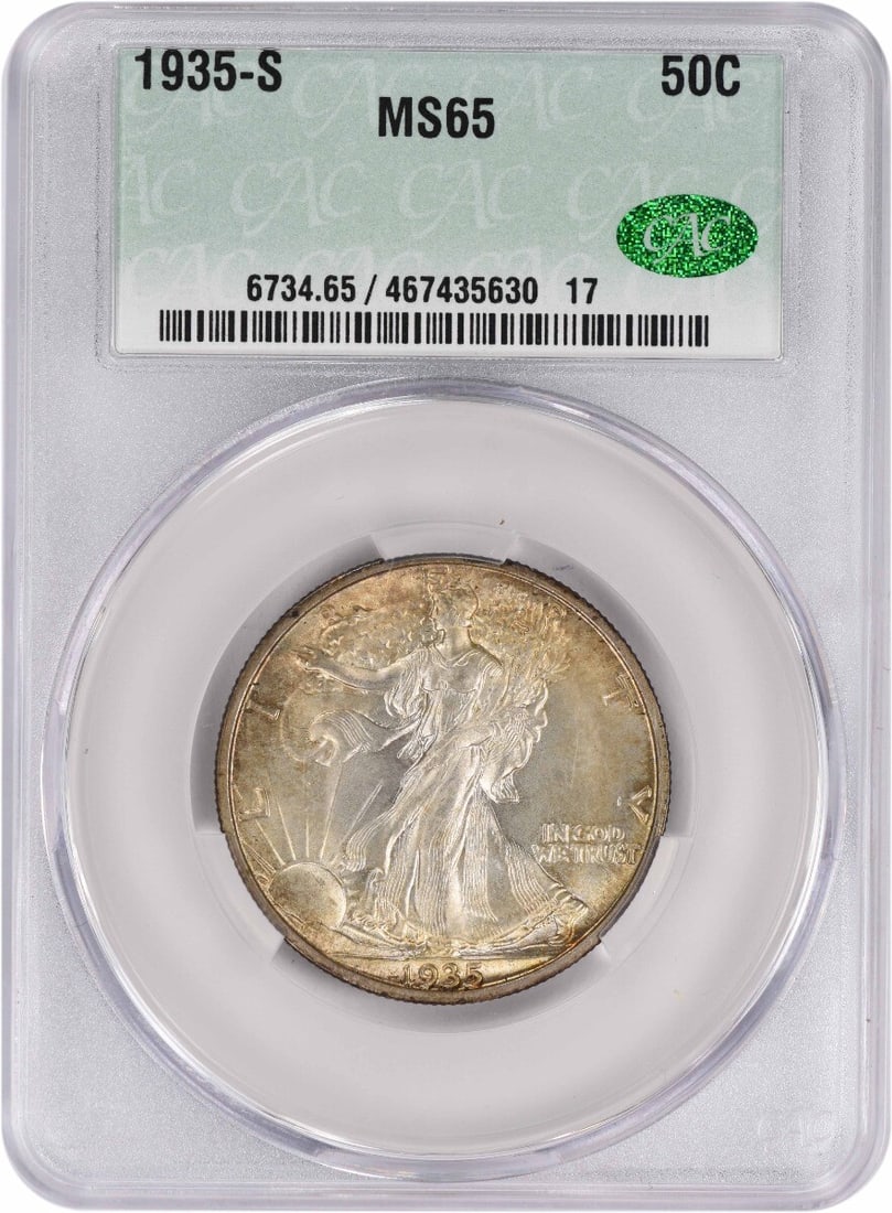 CACG 1935-S Walking Liberty Silver Half Dollar MS65: CACG 1935-S Walking Liberty Silver Half Dollar MS65 This listing features CACG 1935-S Walking Liberty Silver Half Dollar MS65. Item specifics are provided below. Item Specifics: Country Of Origin: Uni