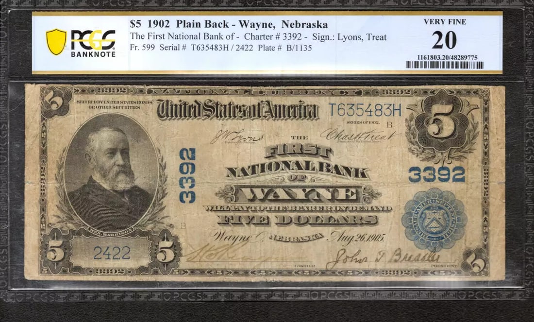 (483H) 1902 $5 FIRST NATIONAL BANKNOTE CURRENCY FR.599 WAYNE NEBRASKA PCGS 20 VF (1 of 2)