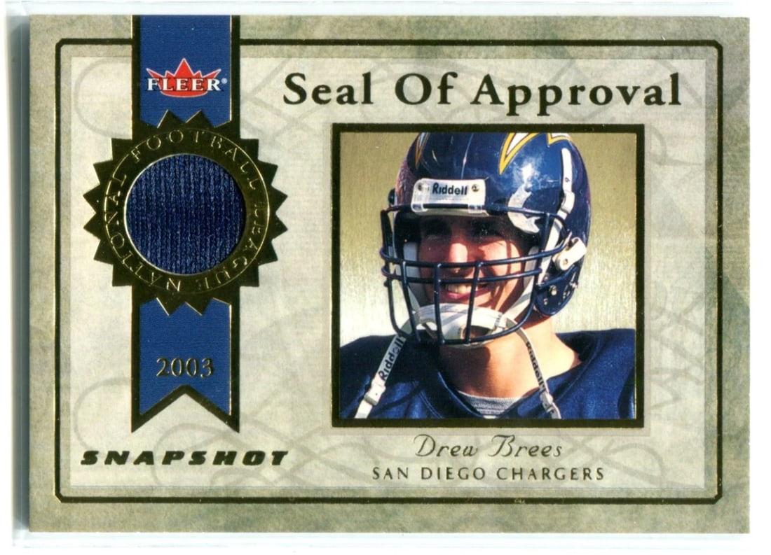 Card Drew Brees 2003 Fleer Seal of Approval Jersey: Card Drew Brees 2003 Fleer Seal of Approval Jersey This listing features Card Drew Brees 2003 Fleer Seal of Approval Jersey. Item specifics are provided below. Item Specifics: Brand: Panini Drew