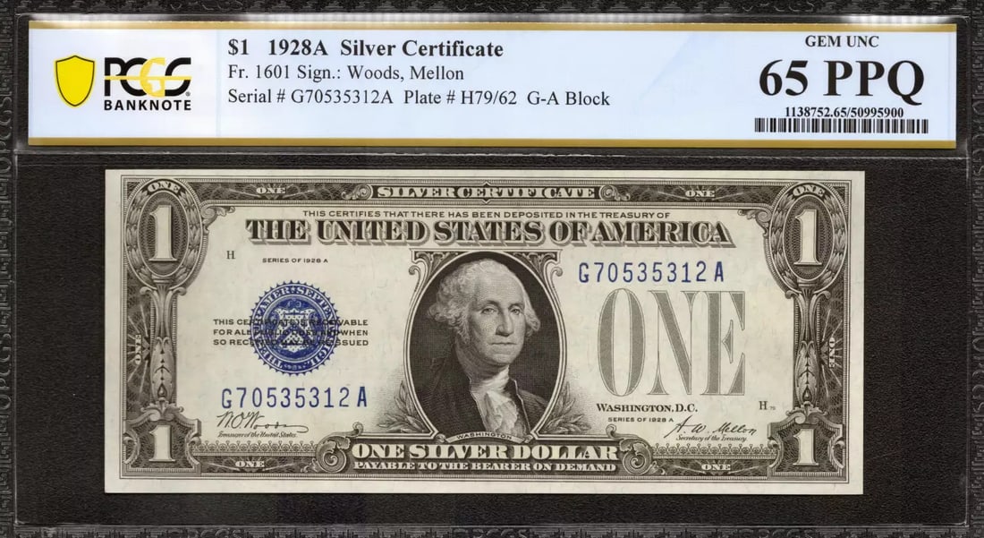 (312A) 1928 A $1 SILVER CERTIFICATE FR.1601 G-A BLOCK WOODS MELLON PCGS 65 PPQ (1 of 2)