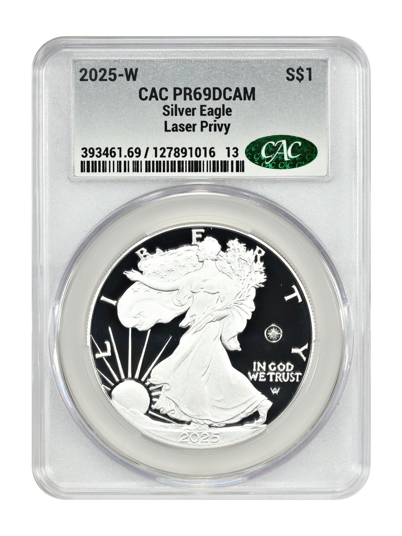 Silver Eagles - 2025-W $1 Silver Eagle CACG PR69DCAM (Laser Privy): Silver Eagles - 2025-W $1 Silver Eagle CACG PR69DCAM (Laser Privy) This listing features Silver Eagles - 2025-W $1 Silver Eagle CACG PR69DCAM (Laser Privy). Item specifics are provided below. Item Spe