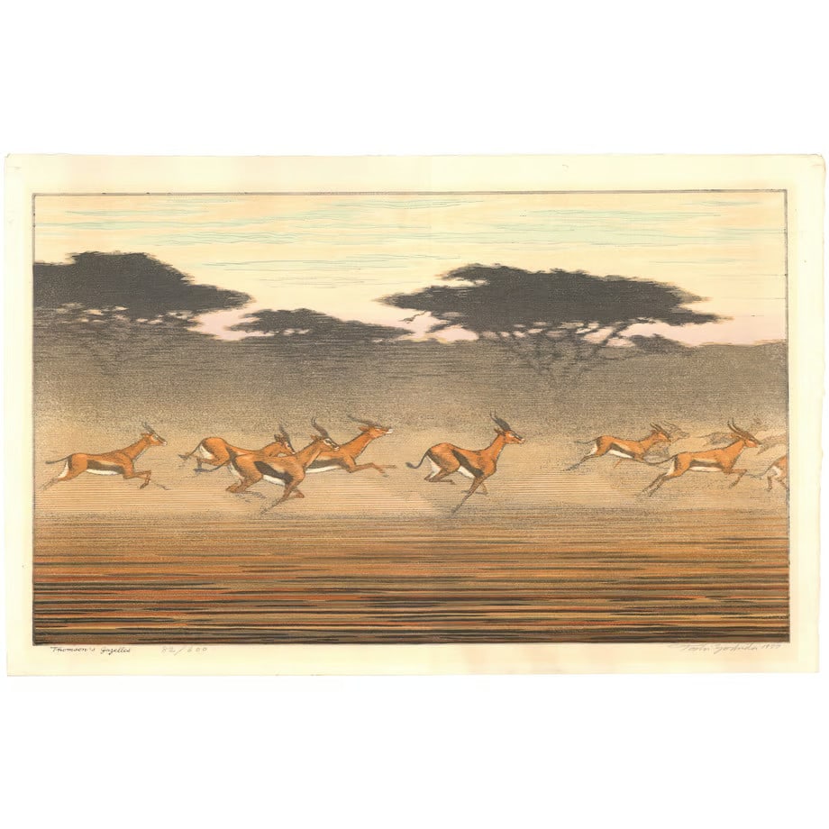 600 Toshi Yoshida "Thomson's gazelles" 1977 woodblock print edition signed 86/: 600 Toshi Yoshida "Thomson's gazelles" 1977 woodblock print edition signed 86/ This listing features 600 Toshi Yoshida "Thomson's gazelles" 1977 woodblock print edition signed 86/. Item specifics are