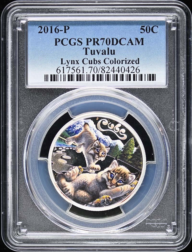 MS70CAM 2016-P 50C Tuvalu Lynx Cubs Colorized PCGS: MS70CAM 2016-P 50C Tuvalu Lynx Cubs Colorized PCGS This listing features MS70CAM 2016-P 50C Tuvalu Lynx Cubs Colorized PCGS. Item specifics are provided below. Item Specifics: