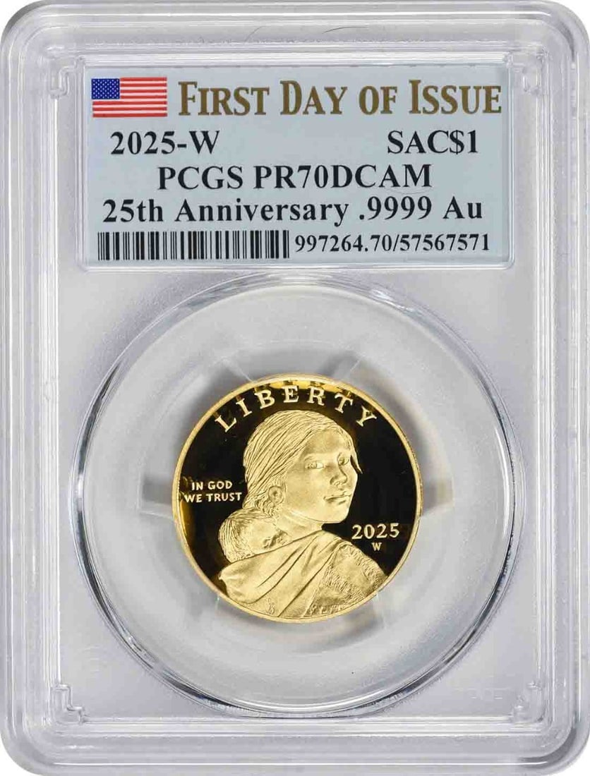PCGS 2025-W Sacagawea Gold Dollar 25th Anniversary PR70DCAM First Day of Issue: PCGS 2025-W Sacagawea Gold Dollar 25th Anniversary PR70DCAM First Day of Issue This listing features PCGS 2025-W Sacagawea Gold Dollar 25th Anniversary PR70DCAM First Day of Issue. Item specifics are