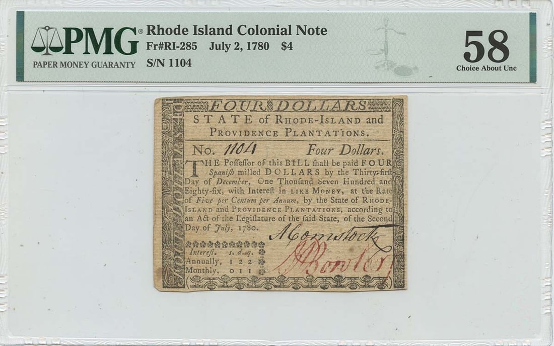 Issued 1780 July 2 $4 Rhode Island Colonial Note RI-285 PMG AU58 (1 of 1)