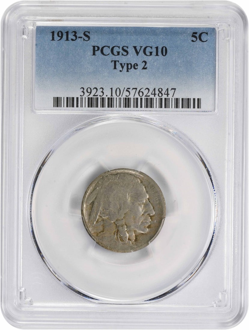 PCGS 1913-S Buffalo Nickel Type 2 VG10: PCGS 1913-S Buffalo Nickel Type 2 VG10 This listing features PCGS 1913-S Buffalo Nickel Type 2 VG10. Item specifics are provided below. Item Specifics: Country Of Origin: United States