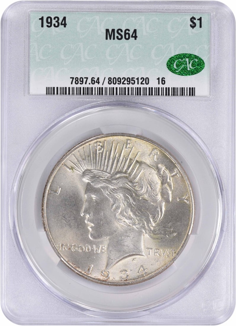 CACG 1934 Peace Silver Dollar MS64: CACG 1934 Peace Silver Dollar MS64 This listing features CACG 1934 Peace Silver Dollar MS64. Item specifics are provided below. Item Specifics: Country Of Origin: United States Certification: CACG