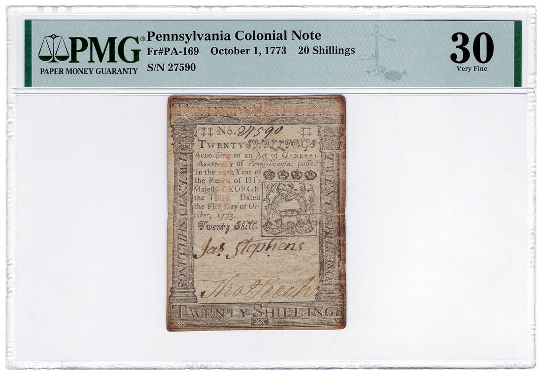 1773 20 Shillings Pennsylvania Colonial Note PMG VF30 (Toning) - FR. PA-169 Oct 1: 1773 20 Shillings Pennsylvania Colonial Note PMG VF30 (Toning) - FR. PA-169 Oct 1 This listing features 1773 20 Shillings Pennsylvania Colonial Note PMG VF30 (Toning) - FR. PA-169 Oct 1. Item