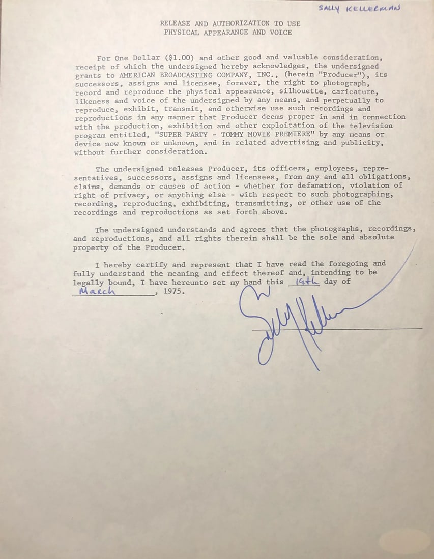 (JSA) Sally Kellerman Autographed Contract: (JSA) Sally Kellerman Autographed Contract This listing features (JSA) Sally Kellerman Autographed Contract. Item specifics are provided below. Item Specifics: Brand: James Spence Authentication
