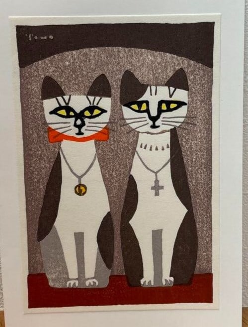 signed - Tomoo Inagaki "Cat on a Pendant" Woodblock print by Takeyoshido (1 of 2)