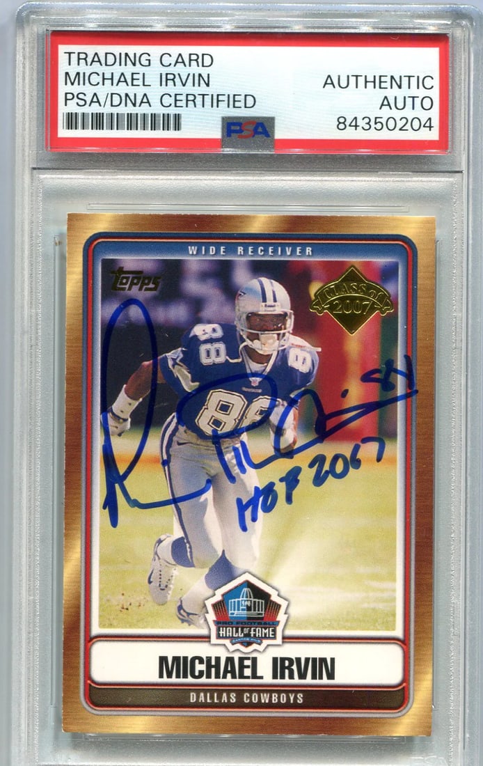 Card Michael Irvin 2007 Topps #HOF-MI (PSA Authentic ): Card Michael Irvin 2007 Topps #HOF-MI (PSA Authentic ) This listing features Card Michael Irvin 2007 Topps #HOF-MI (PSA Authentic ). Item specifics are provided below. Item Specifics: Michael Irvin