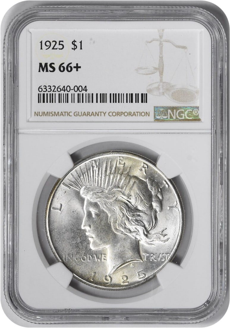 NGC 1925 Peace Silver Dollar MS66+: NGC 1925 Peace Silver Dollar MS66+ This listing features NGC 1925 Peace Silver Dollar MS66+. Item specifics are provided below. Item Specifics: Country Of Origin: United States Certification: NGC Circ