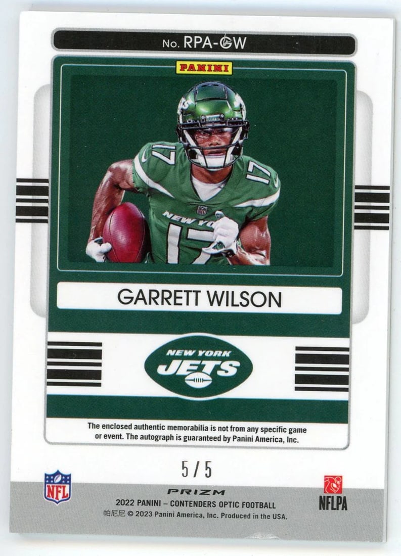 #RPA-G Garrett Wilson 2022 Panini Contender's Optics Rookie Patch Autographed RC - 2