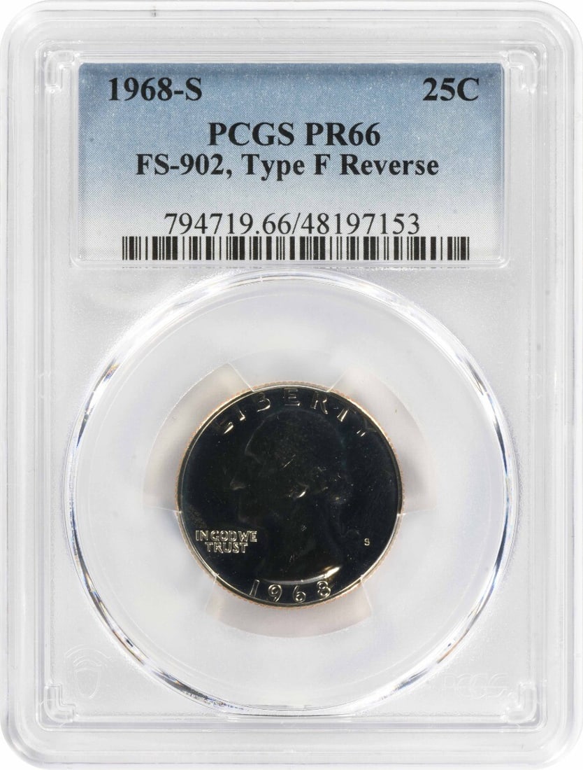 PCGS 1968-S Washington Silver Quarter FS-902 Type F Reverse PR66: PCGS 1968-S Washington Silver Quarter FS-902 Type F Reverse PR66 This listing features PCGS 1968-S Washington Silver Quarter FS-902 Type F Reverse PR66. Item specifics are provided below. Item