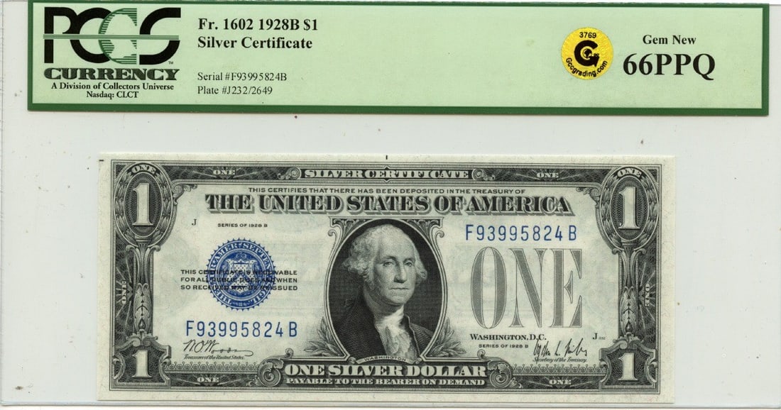 Gold 1928B $1 Silver Certificate FR#1602 PCGS GEM 66 PPQ GCC (1 of 2)