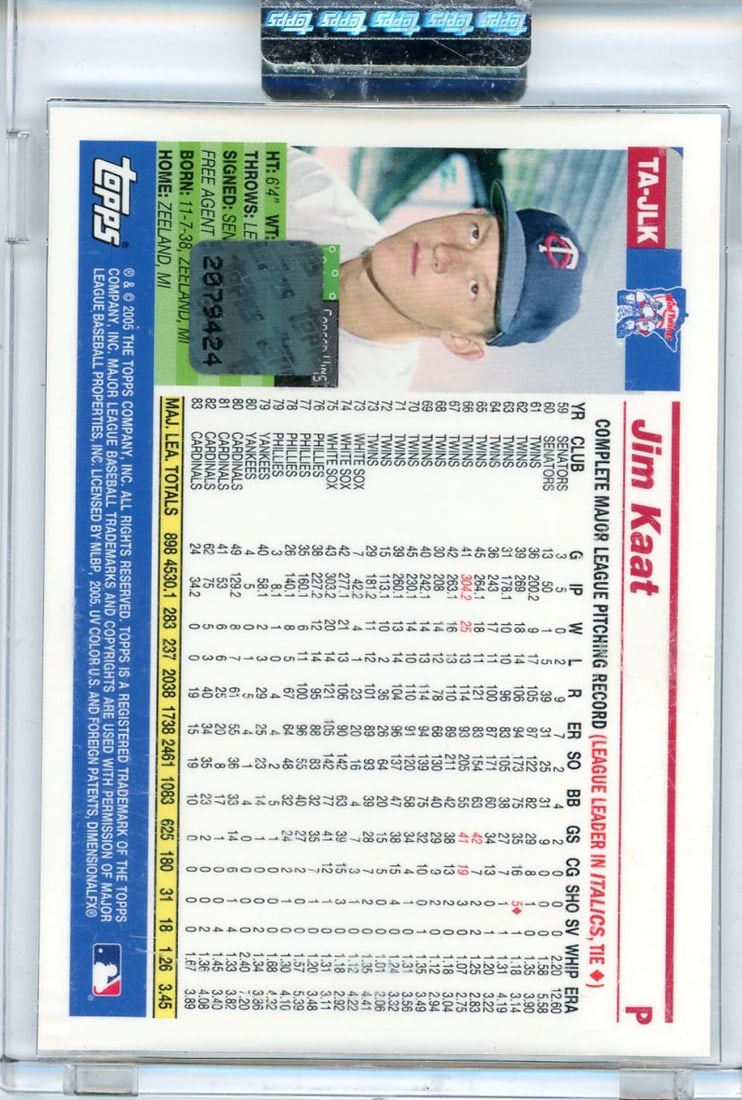 #TA-JLK JIm Kaat Autographed 2005 Topps Encased Card - 2