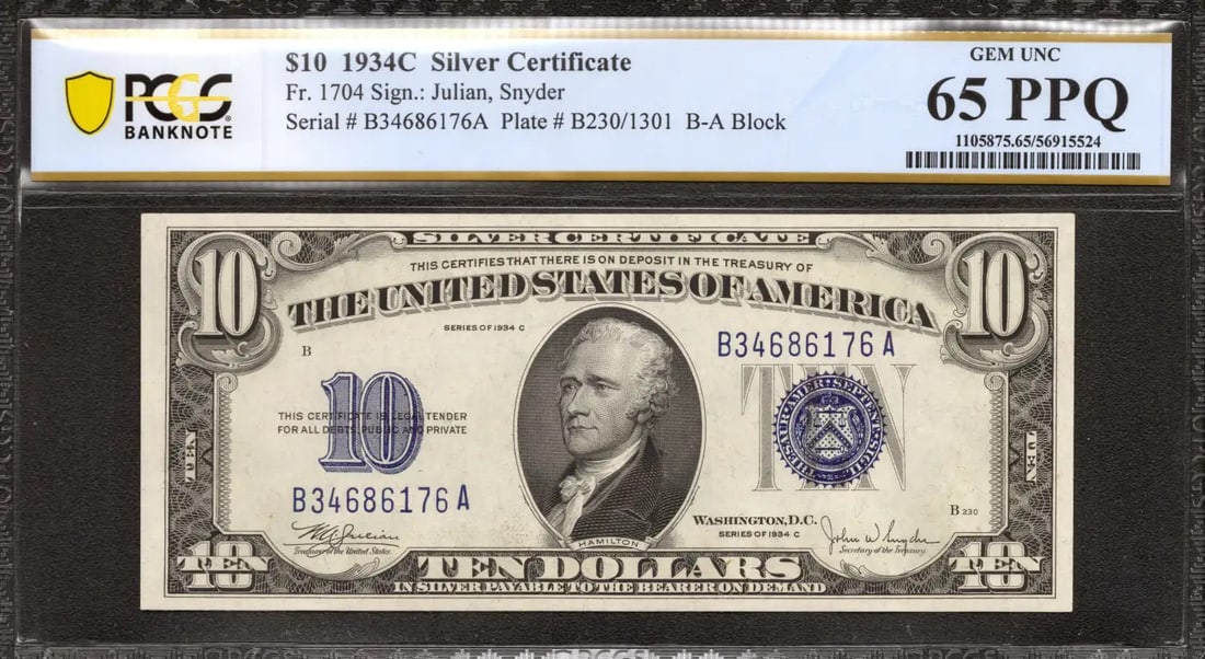 (176A) 1934 C $10 SILVER CERTIFICATE FR.1704 B-A BLOCK PCGS GEM UNC 65 PPQ (1 of 2)