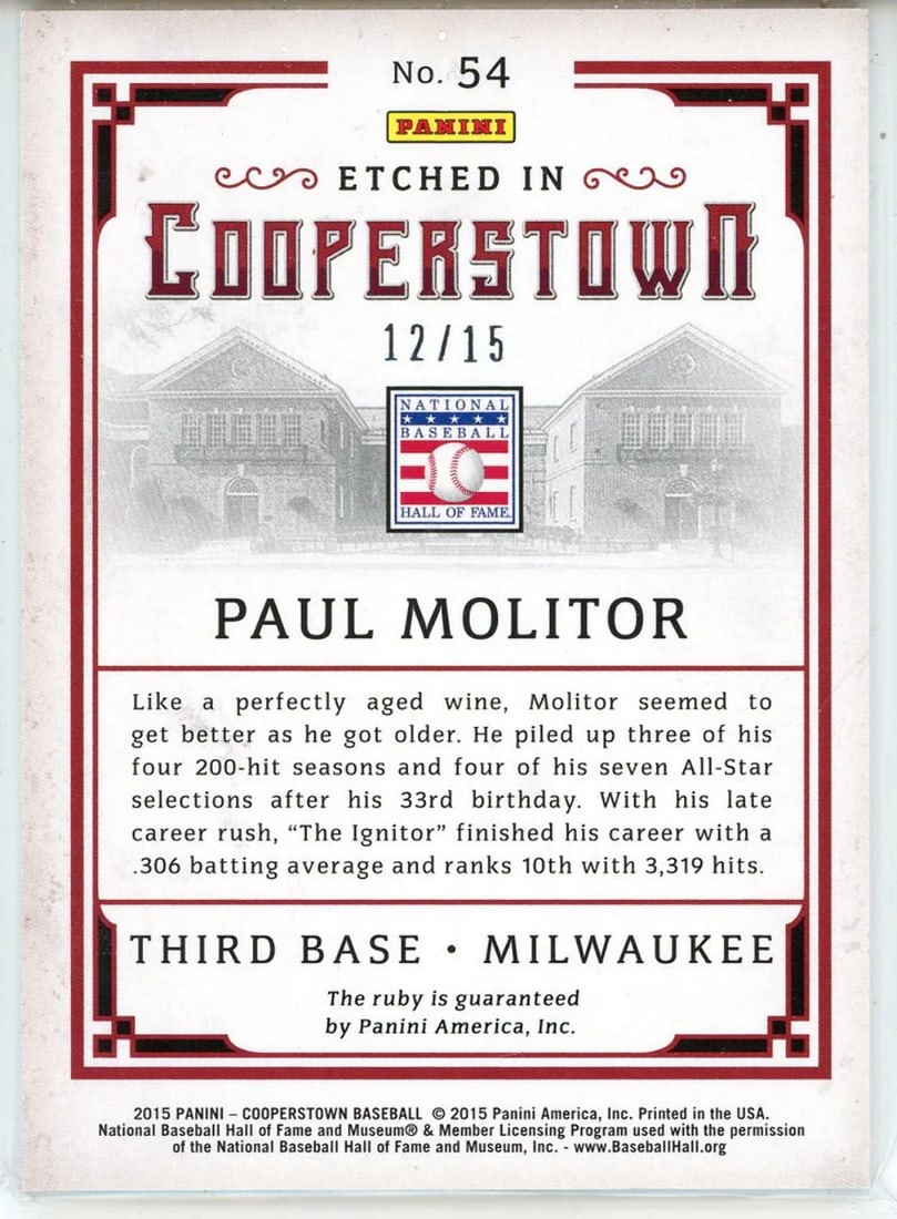 #54 Paul Molitor 2015 Panini Cooperstown Ruby Card - 2