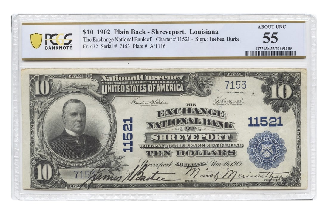 Plain Back) - FR. 632 1902 $10 Shreveport - LA Exchange NB PCGS AU55 (CH 11521: Plain Back) - FR. 632 1902 $10 Shreveport - LA Exchange NB PCGS AU55 (CH 11521 This listing features Plain Back) - FR. 632 1902 $10 Shreveport - LA Exchange NB PCGS AU55 (CH 11521. Item specifics are