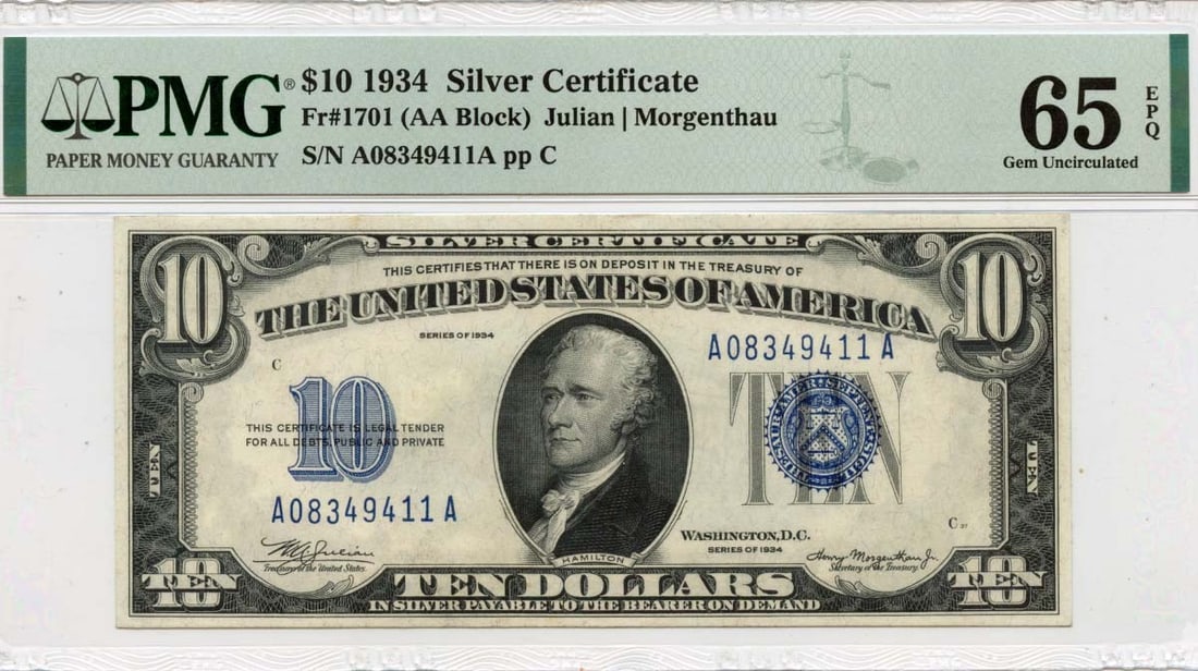 EPQ 1934 $10 Silver Certificate Blue SealFr# 1701 PMG Gem65: EPQ 1934 $10 Silver Certificate Blue SealFr# 1701 PMG Gem65 This listing features EPQ 1934 $10 Silver Certificate Blue SealFr# 1701 PMG Gem65. Item specifics are provided below. Item Specifics: Certif