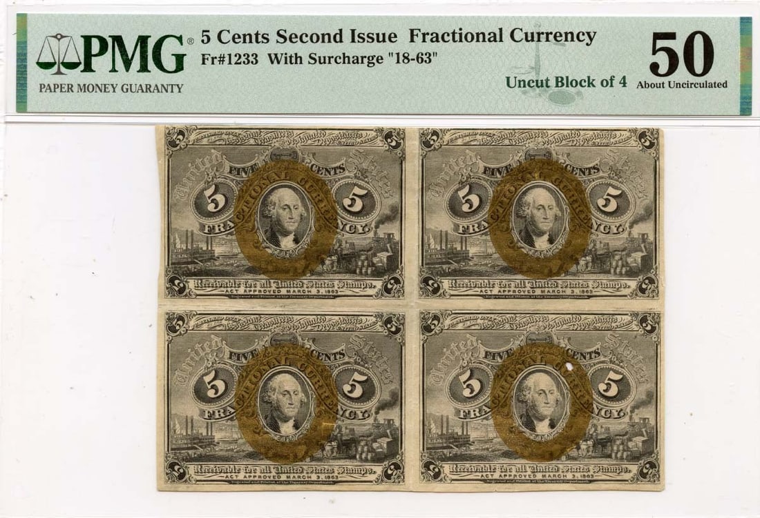 AU50 Second Issue 5 Cents Fractional With Surcharge "18-63" Fr# 1233 PMG (1 of 1)