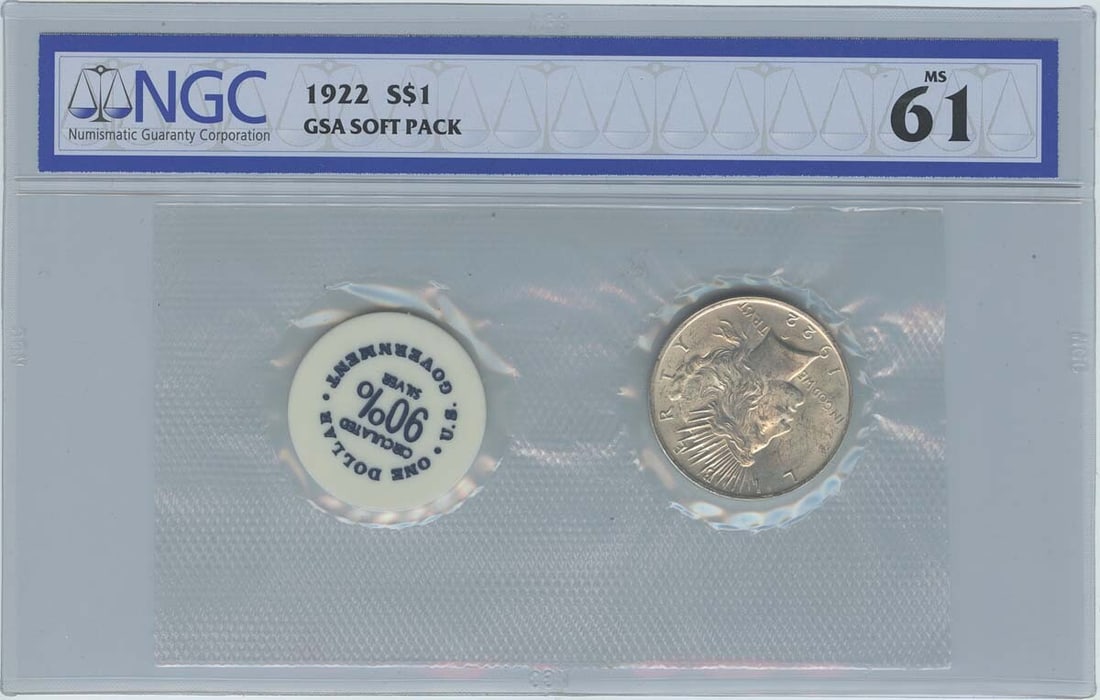 MS61 1922 Peace Dollar GSA SOFT PACK S$1 NGC: MS61 1922 Peace Dollar GSA SOFT PACK S$1 NGC This listing features MS61 1922 Peace Dollar GSA SOFT PACK S$1 NGC. Item specifics are provided below. Item Specifics: Certification: NGC Certification Num