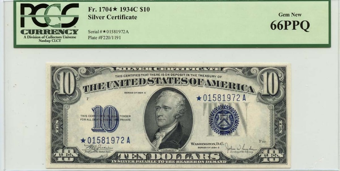 STAR 1934C $10 Silver Certificate Blue Julian Snyder Fr# 1704* PCGS GEM 66 PPQ (1 of 1)
