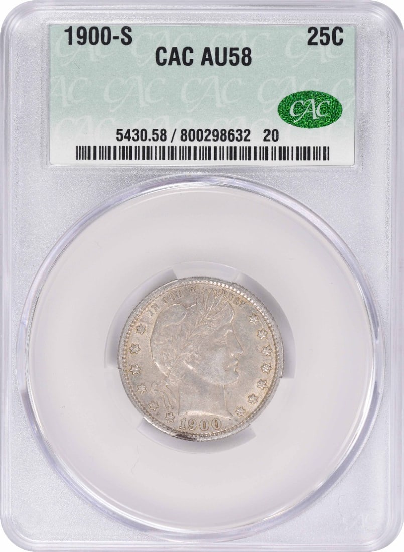 CACG 1900-S Barber Silver Quarter AU58 (1 of 3)