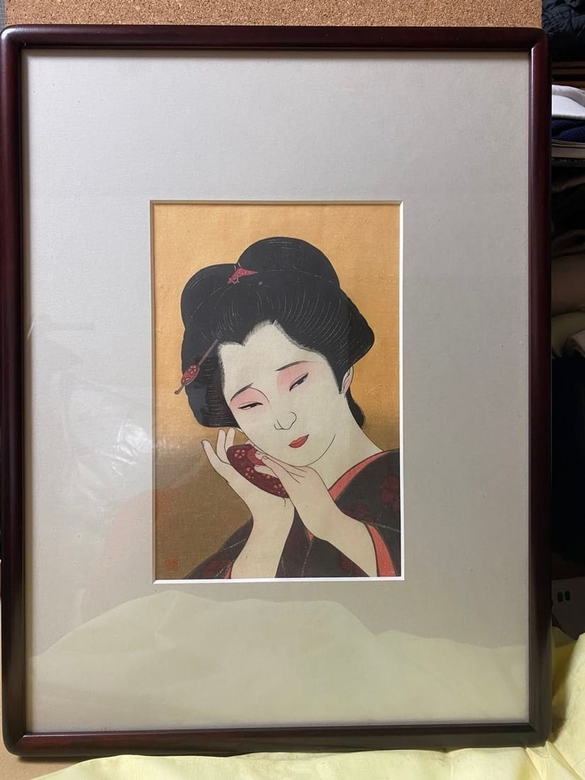 Framed Shusui Taki Woodblock Print Omoi 1985 Signed Japanese Bijin Art (1 of 4)