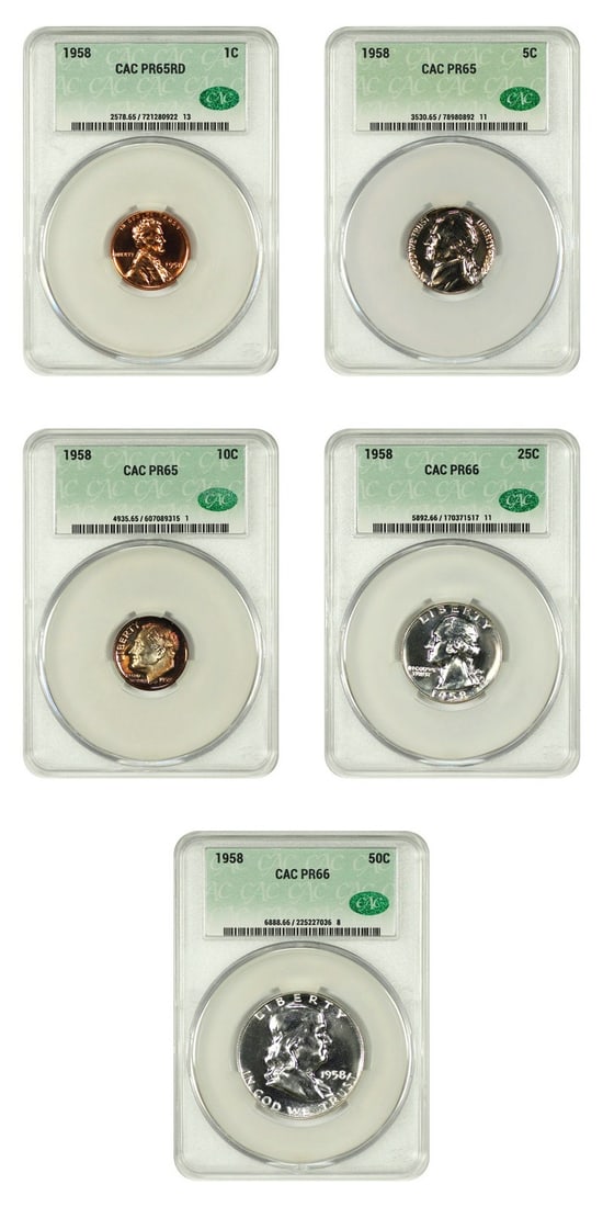 Proof Sets - 1958 Proof Set 1C-50C CACG PR65-66: Proof Sets - 1958 Proof Set 1C-50C CACG PR65-66 This listing features Proof Sets - 1958 Proof Set 1C-50C CACG PR65-66. Item specifics are provided below. Item Specifics: Certification: CACG