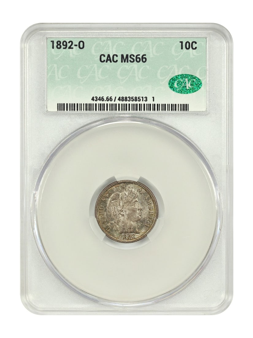 Barber Dime - 1892-O 10C CACG MS66: Barber Dime - 1892-O 10C CACG MS66 This listing features Barber Dime - 1892-O 10C CACG MS66. Item specifics are provided below. Item Specifics: Certification: CACG Certification Number: 488358513 Circ