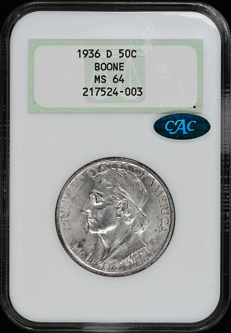 (CAC) BOONE 1936-D Silver Commemorative 50C NGC MS64: (CAC) BOONE 1936-D Silver Commemorative 50C NGC MS64 This listing features (CAC) BOONE 1936-D Silver Commemorative 50C NGC MS64. Item specifics are provided below. Item Specifics: Certification: NGC