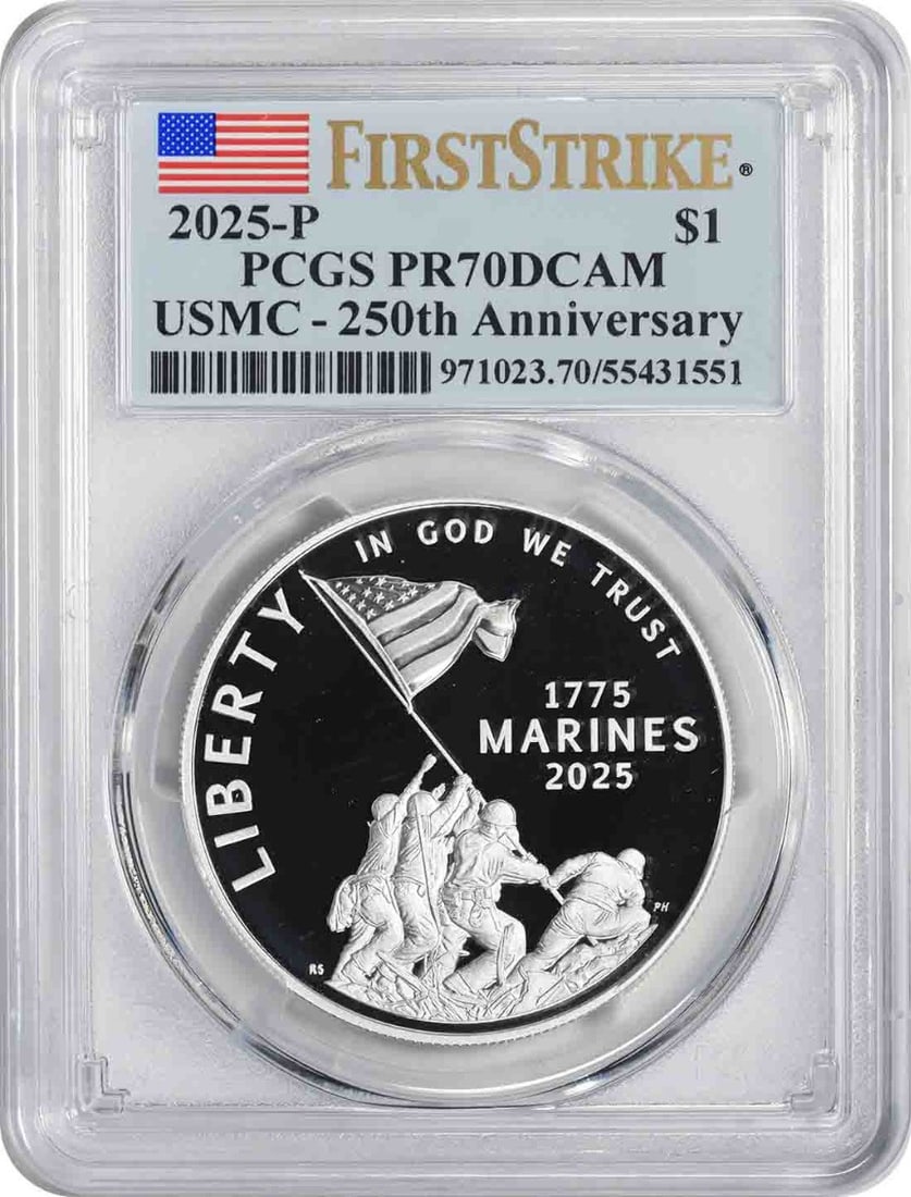 PCGS 2025-P U.S. Marine Corps USMC 250th Anniversary Silver Dollar PR70DCAM FS: PCGS 2025-P U.S. Marine Corps USMC 250th Anniversary Silver Dollar PR70DCAM FS This listing features PCGS 2025-P U.S. Marine Corps USMC 250th Anniversary Silver Dollar PR70DCAM FS. Item specifics are