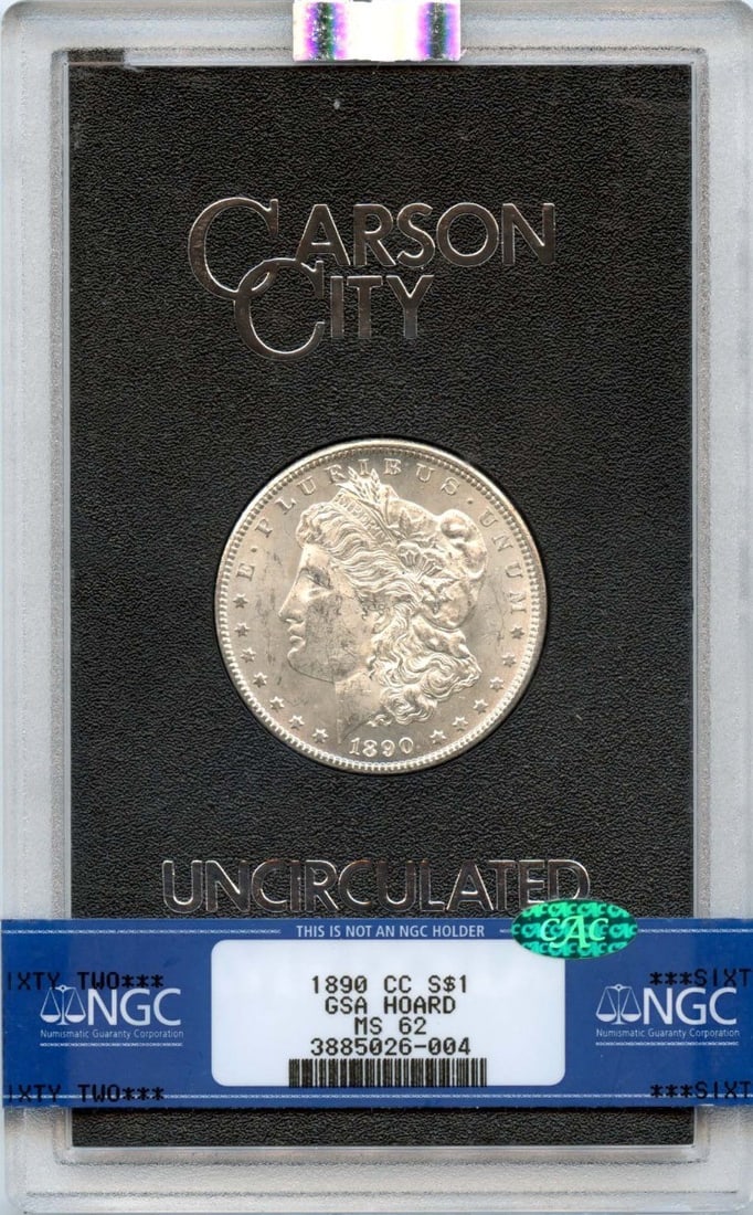 (CAC) 1890-CC Morgan Dollar GSA HOARD S$1 NGC MS62: (CAC) 1890-CC Morgan Dollar GSA HOARD S$1 NGC MS62 This listing features (CAC) 1890-CC Morgan Dollar GSA HOARD S$1 NGC MS62. Item specifics are provided below. Item Specifics: Certification: NGC