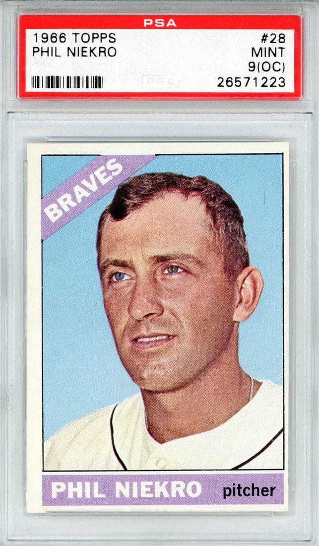 OC) Phil Niekro 1966 Topps Card #28 (PSA Mint 9 (1 of 2)