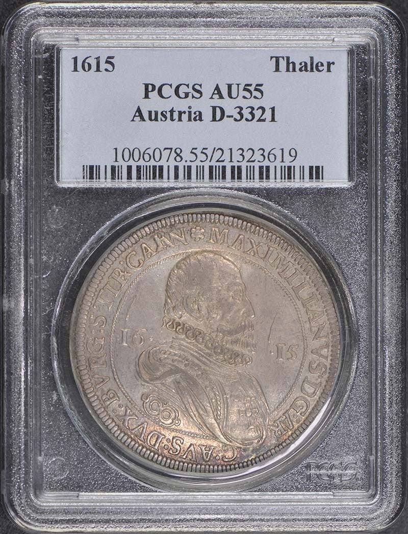 D-3321 1615 Thaler Austria PCGS AU55: D-3321 1615 Thaler Austria PCGS AU55 This listing features D-3321 1615 Thaler Austria PCGS AU55. Item specifics are provided below. Item Specifics: Circulated/Uncirculated: Circulated Year: NONE