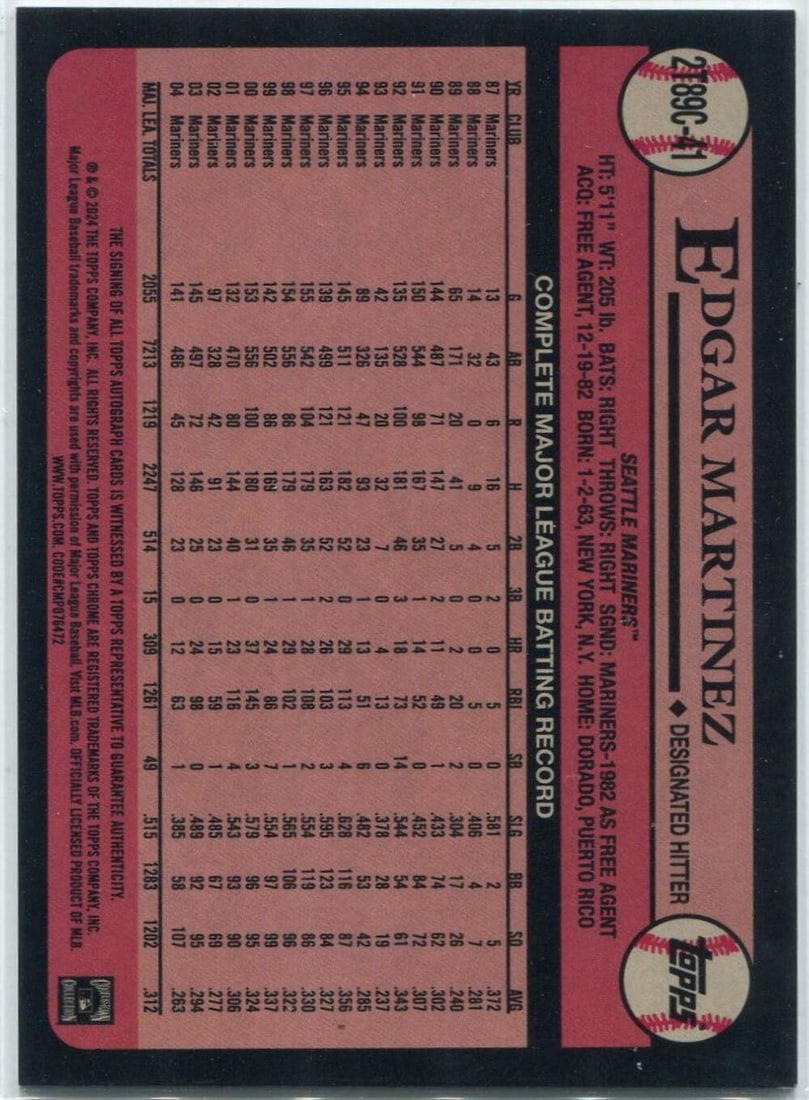 #2T89 Edgar Martinez Autographed 2024 Topps Chrome 1989 Gold MOJO Refractor Card - 2