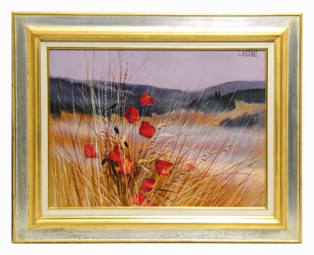 Framed Gilbert Michaud Oil Painting Poppies Landscape French Art Signed P12 (1 of 8)