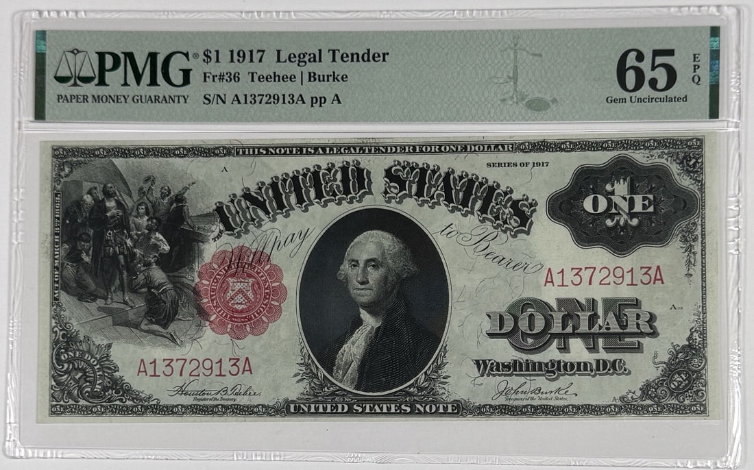 EPQ 1917 $1 LEGAL TENDER FR#36 PMG GEM UNC 65 (1 of 2)